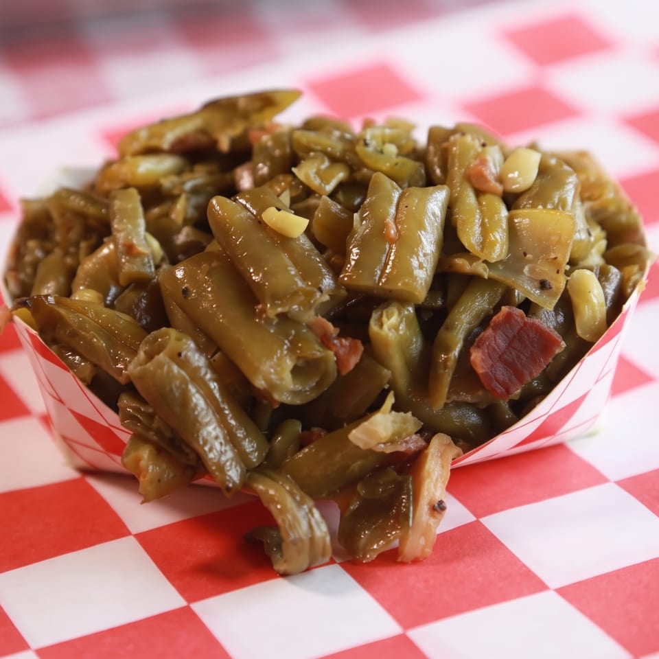 Green beans with bacon in a paper boat on a red and white checkered surface.