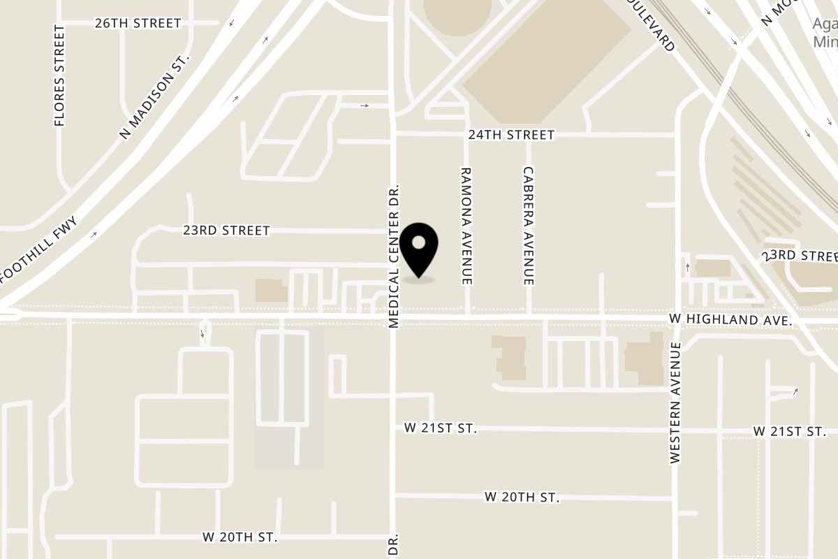 Map showing the location of Spirit of Texas Craft BBQ San Bernardino on 1588 W Highland Ave in San Bernardino